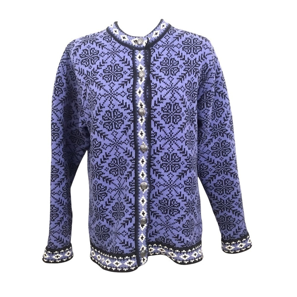 Vtg LL Bean Women Medium Purple Black Metal Button Fair Isle Snowflake Cardigan - Picture 6 of 12
